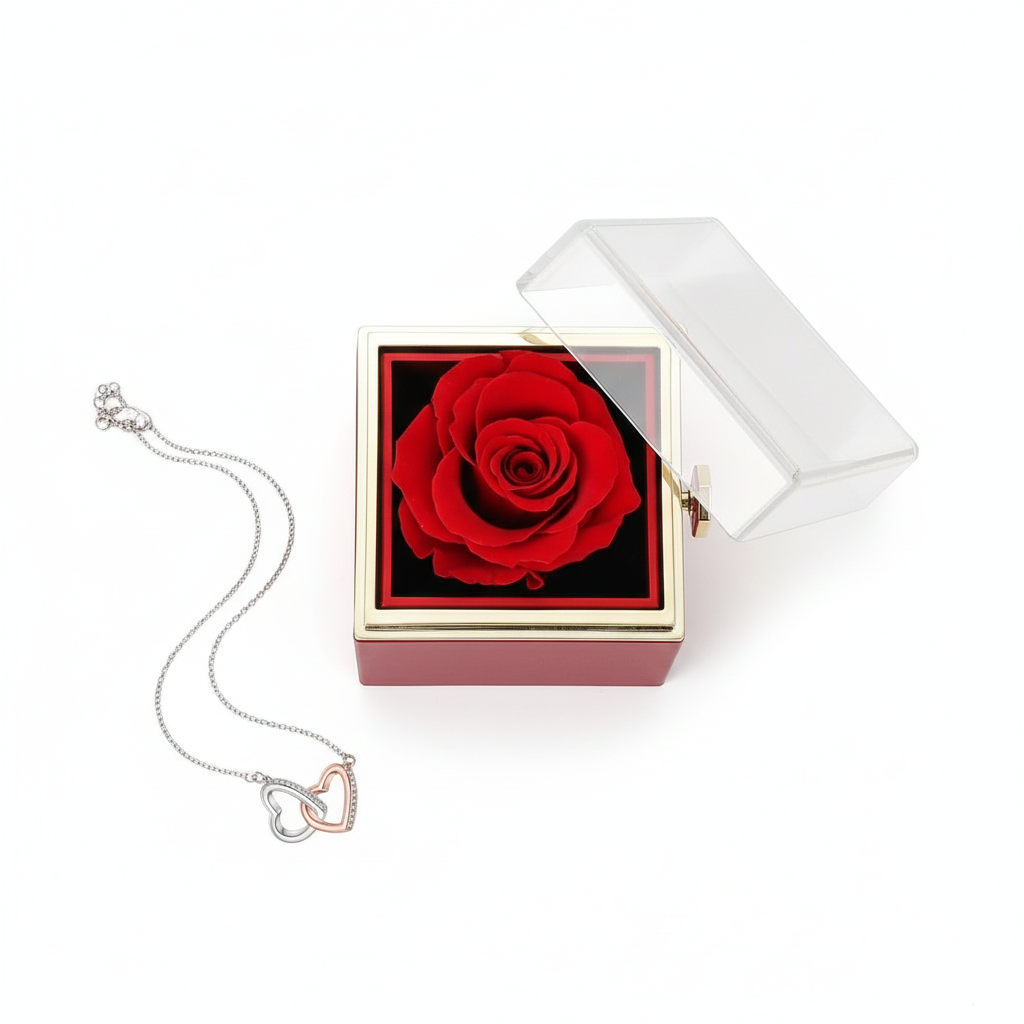 Rotating Eternal Rose Box With Heart Necklace For Mom Rotating Rose Flower Rose Creative Rose Jewelry Packaging Box Mother's day