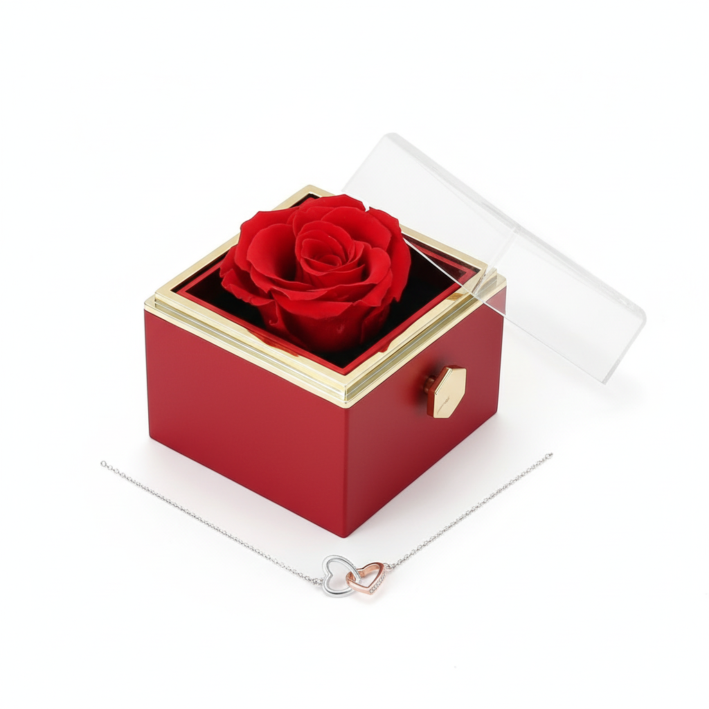 Rotating Eternal Rose Box With Heart Necklace For Mom Rotating Rose Flower Rose Creative Rose Jewelry Packaging Box Mother's day