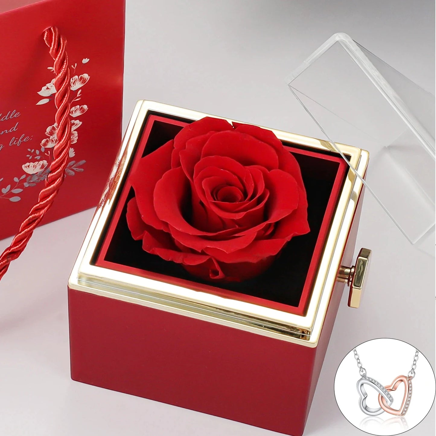 Rotating Eternal Rose Box With Heart Necklace For Mom Rotating Rose Flower Rose Creative Rose Jewelry Packaging Box Mother's day