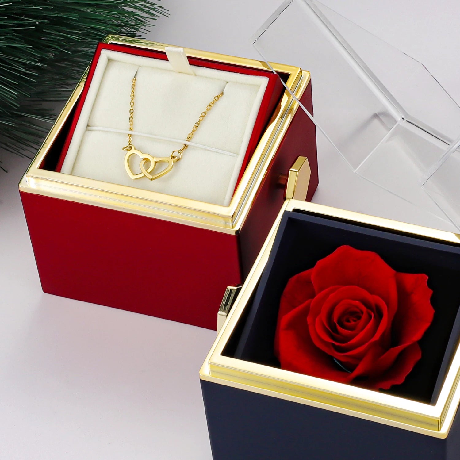 Rotating Eternal Rose Box With Heart Necklace For Mom Rotating Rose Flower Rose Creative Rose Jewelry Packaging Box Mother's day